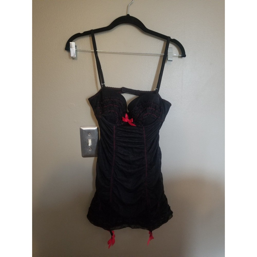 Victoria's secret one piece ruffle teddy with garters black and red 36 b medium